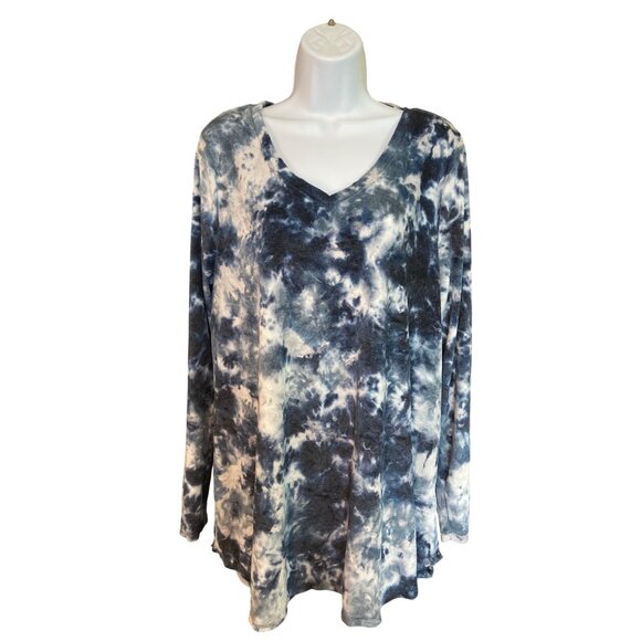 Cupid Tie Dye Tunic Top XL Blue White Long Sleeve V-Neck Boho Loungewear Retro - Picture 2 of 7
